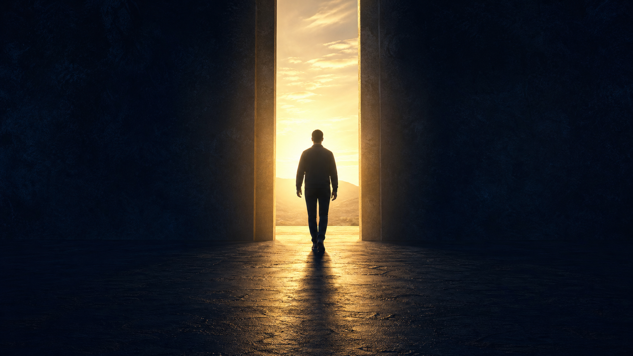 A man stepping out of shadow toward a doorway of warm light, symbolizing freedom