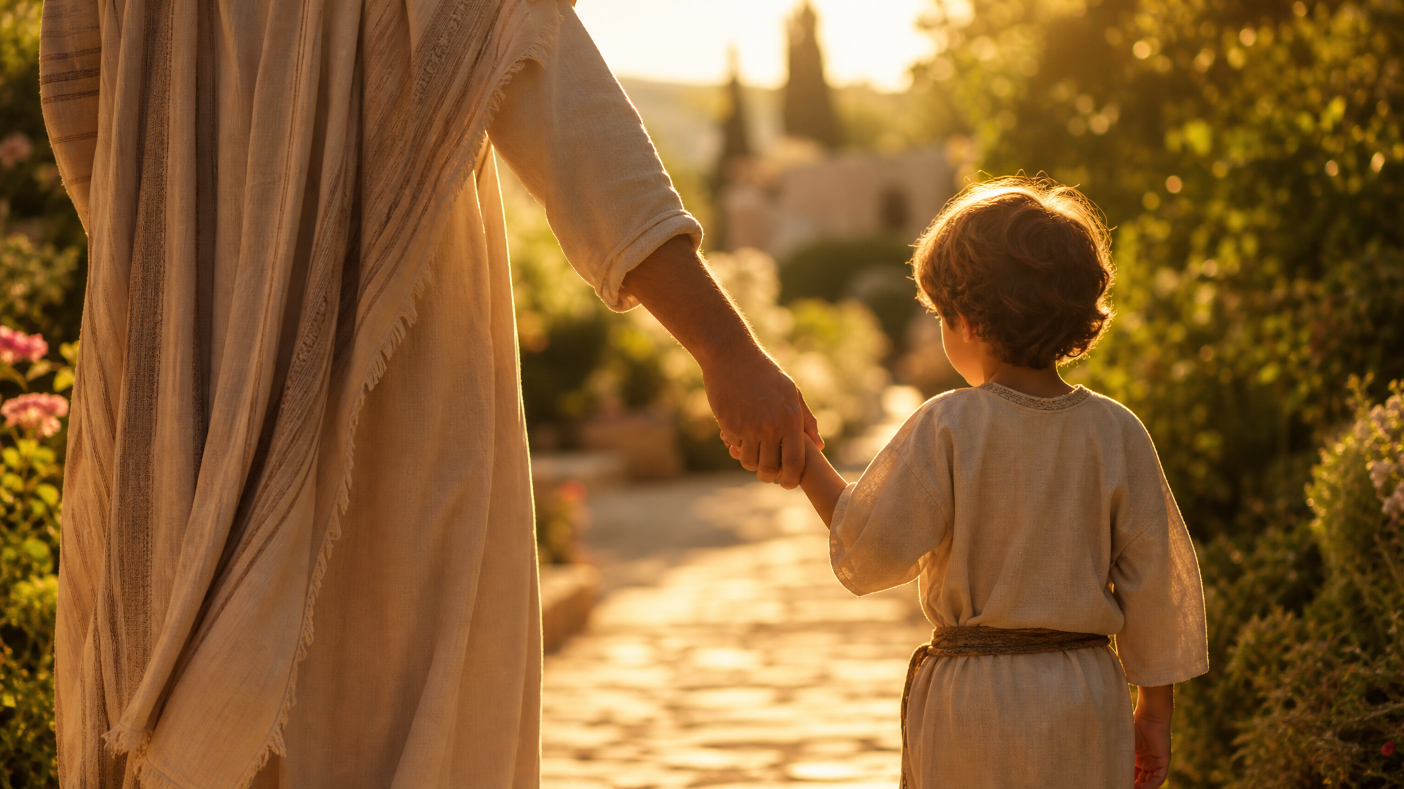 Parent and child walking hand in hand through a sunlit garden path