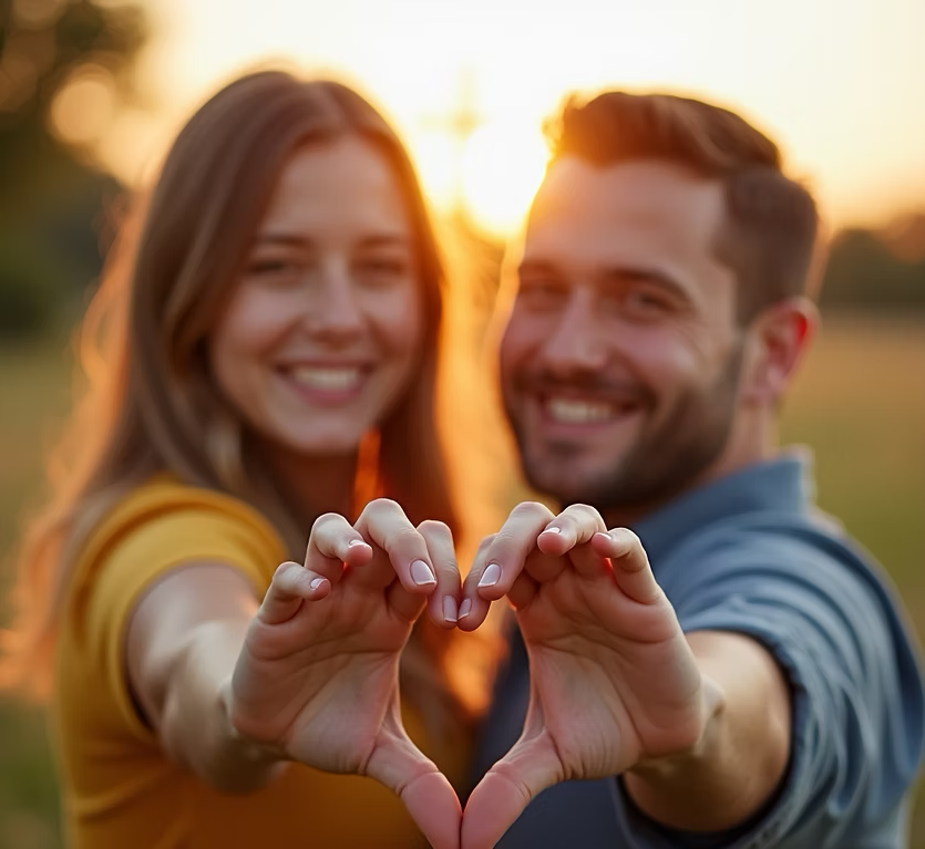 Couple forming a heart shape with their hands at sunset