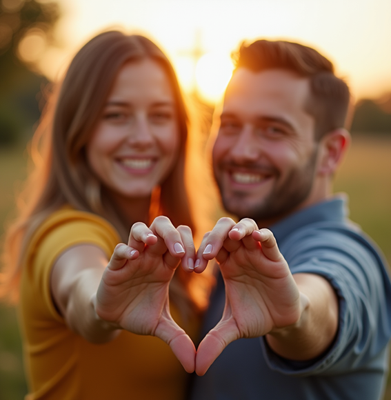 Joyful couple forming a heart shape with their hands at golden sunset